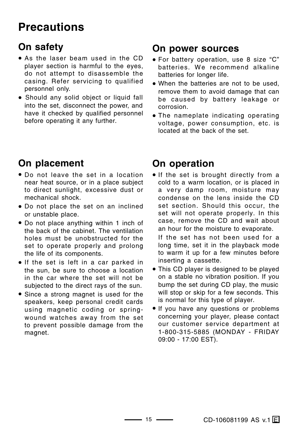 Precautions, On safety, On power sources | On operation, On placement | Lenoxx Electronics CD-106 User Manual | Page 16 / 20