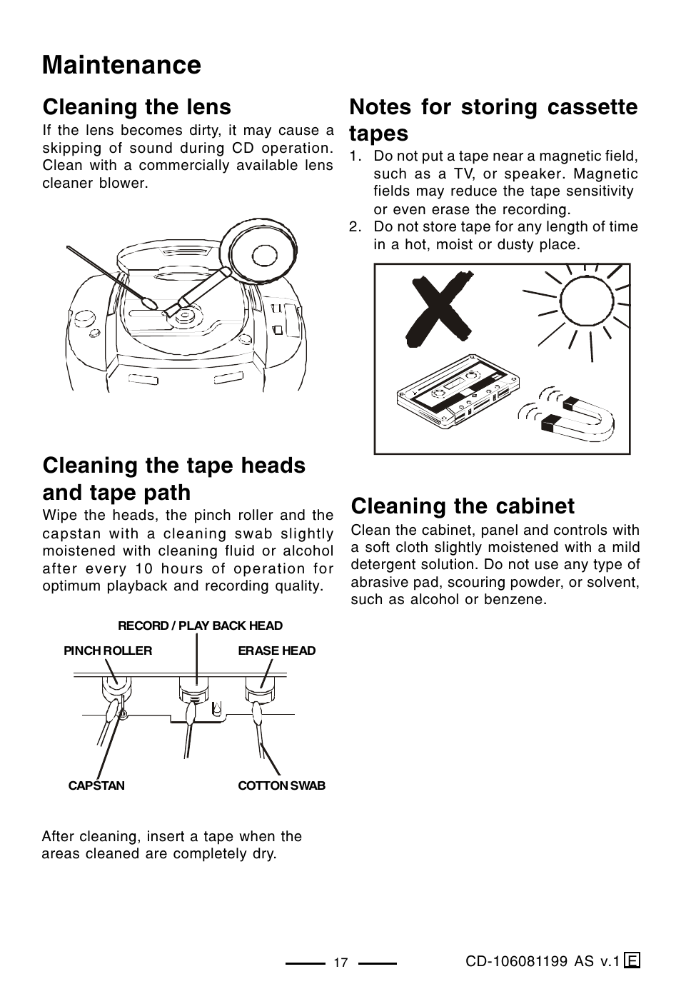 Maintenance, Cleaning the lens, Cleaning the tape heads and tape path | Cleaning the cabinet | Lenoxx Electronics CD-106 User Manual | Page 18 / 20