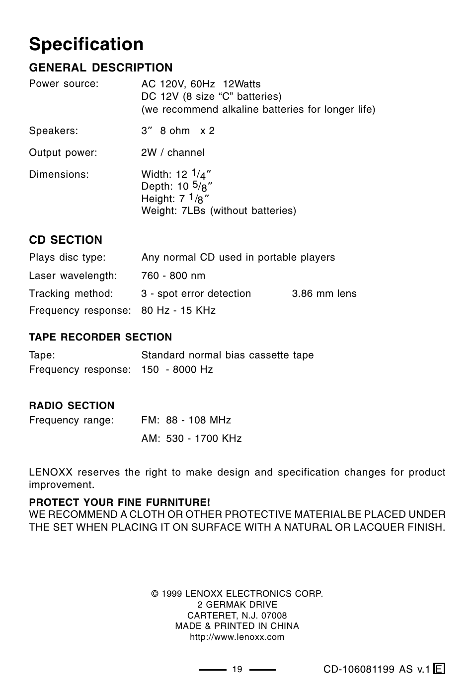 Specification | Lenoxx Electronics CD-106 User Manual | Page 20 / 20