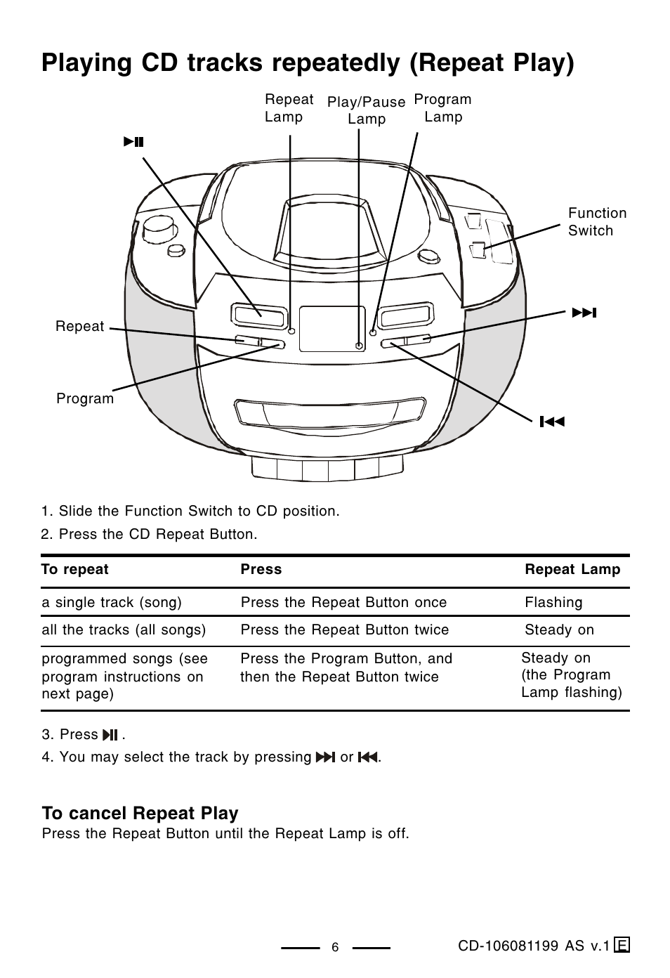 Playing cd tracks repeatedly (repeat play) | Lenoxx Electronics CD-106 User Manual | Page 7 / 20
