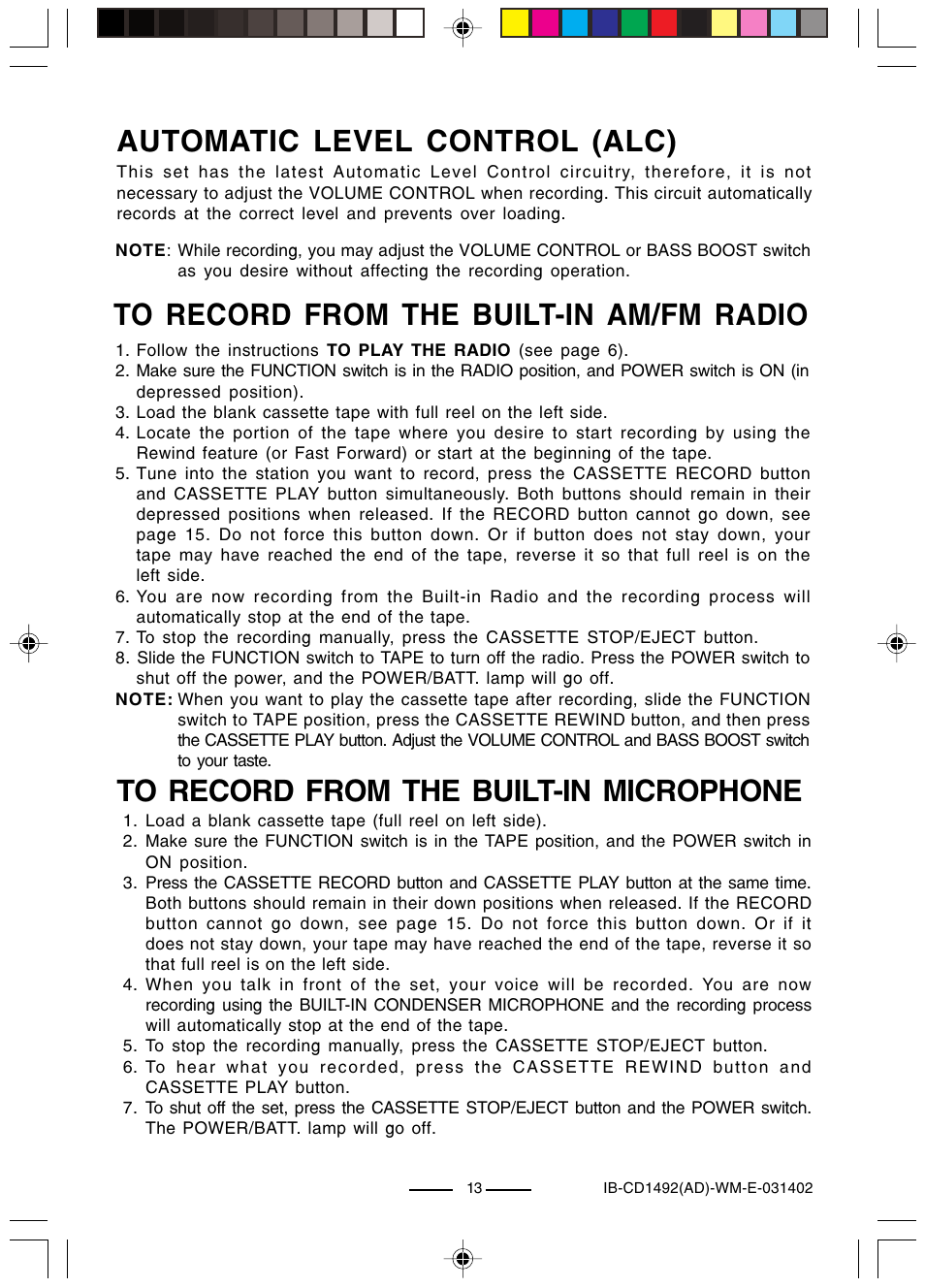 Automatic level control (alc) | Lenoxx Electronics CD-1492 User Manual | Page 14 / 20