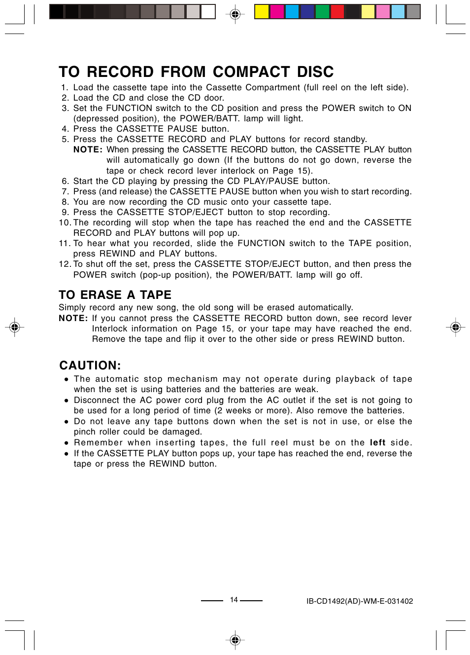 Caution | Lenoxx Electronics CD-1492 User Manual | Page 15 / 20