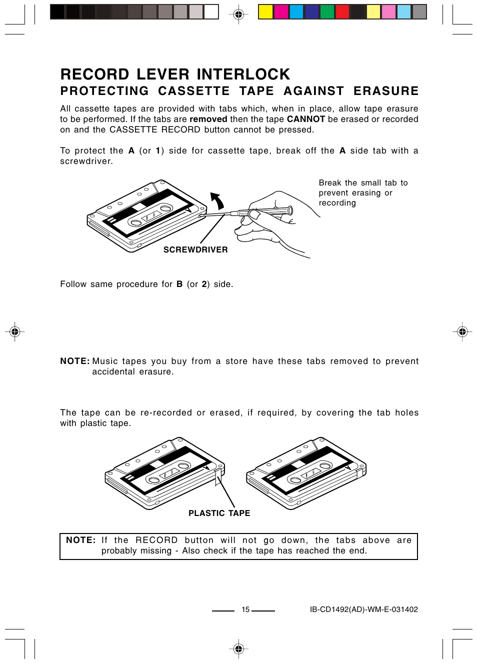 Record lever interlock, Protecting cassette tape against erasure | Lenoxx Electronics CD-1492 User Manual | Page 16 / 20