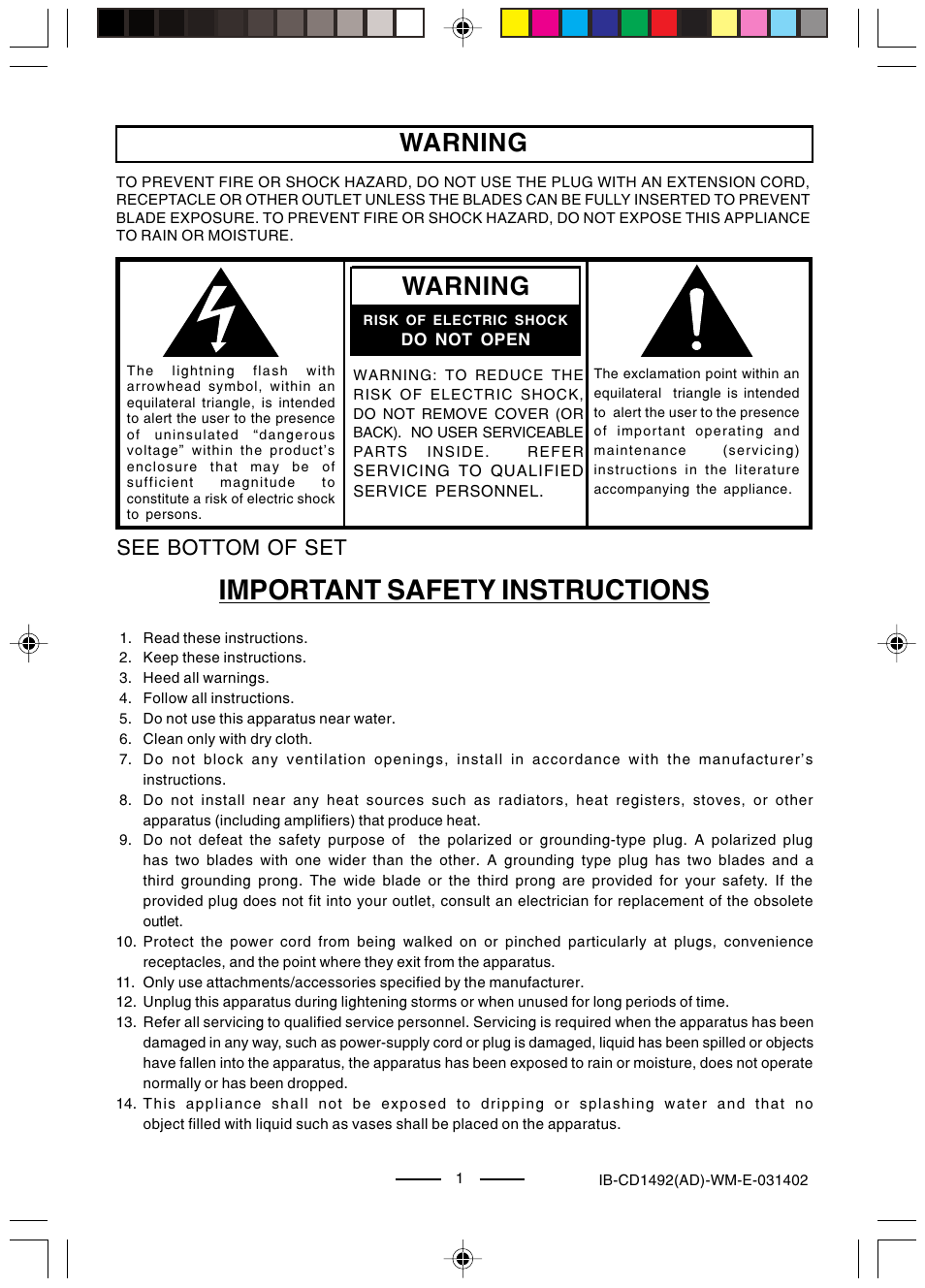 Important safety instructions, Warning, See bottom of set | Lenoxx Electronics CD-1492 User Manual | Page 2 / 20