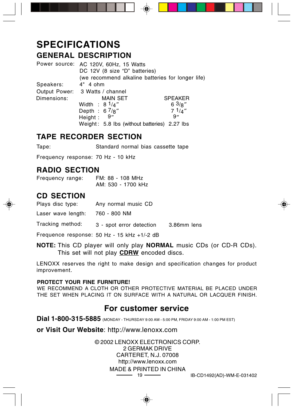 Specifications, For customer service, General description | Lenoxx Electronics CD-1492 User Manual | Page 20 / 20