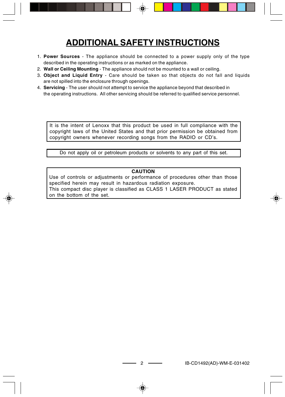 Additional safety instructions | Lenoxx Electronics CD-1492 User Manual | Page 3 / 20