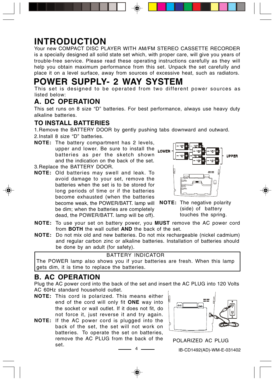 Introduction, Power supply- 2 way system, A. dc operation | B. ac operation | Lenoxx Electronics CD-1492 User Manual | Page 5 / 20