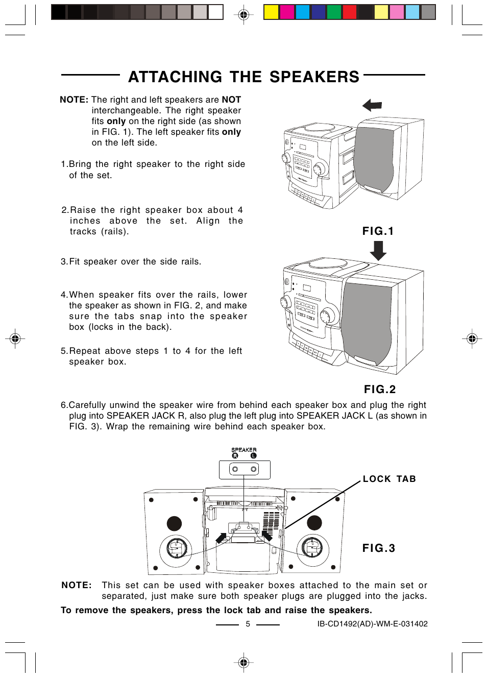Attaching the speakers, Fig.1 fig.2 fig.3 | Lenoxx Electronics CD-1492 User Manual | Page 6 / 20