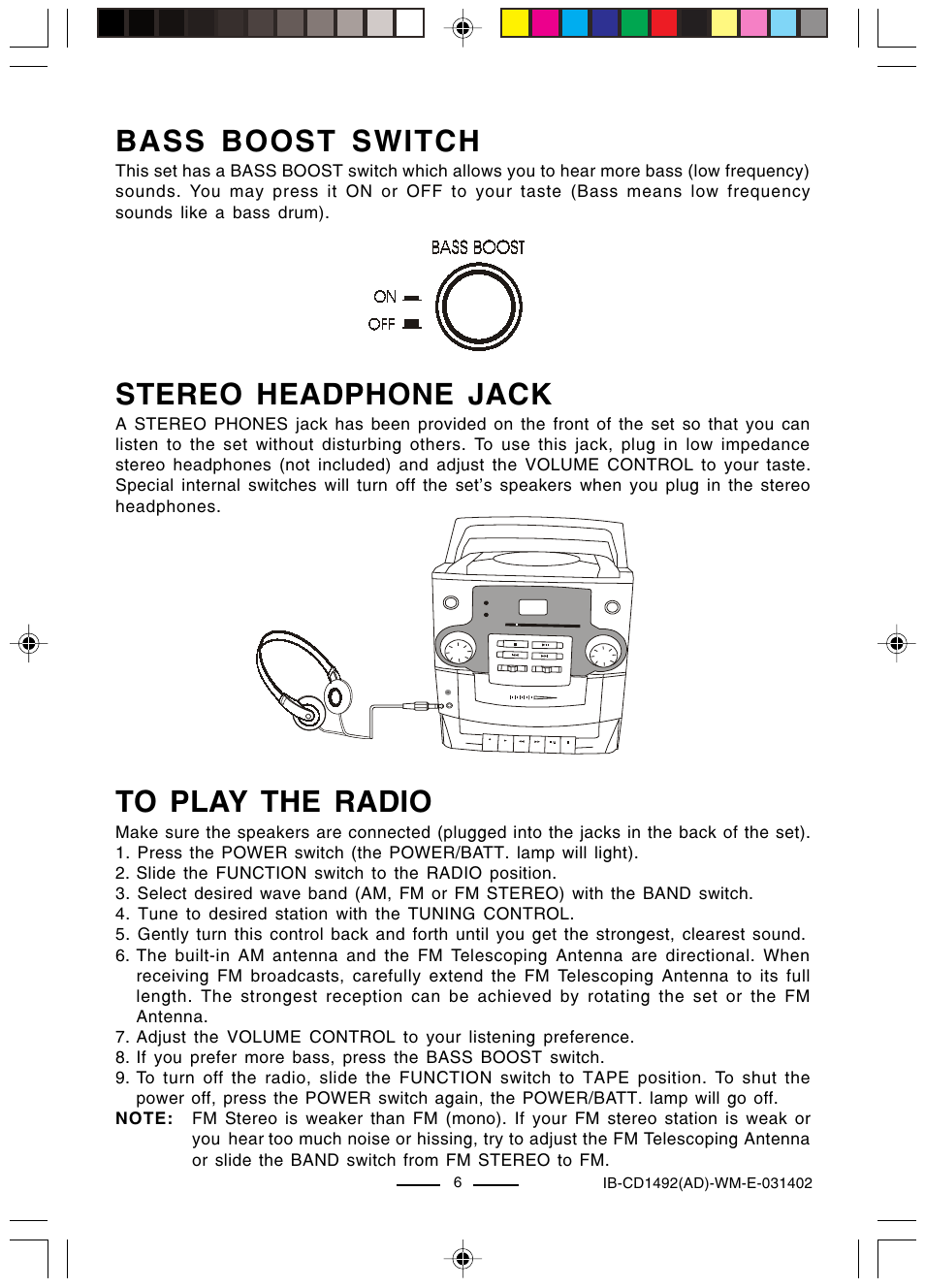 Bass boost switch, Stereo headphone jack | Lenoxx Electronics CD-1492 User Manual | Page 7 / 20