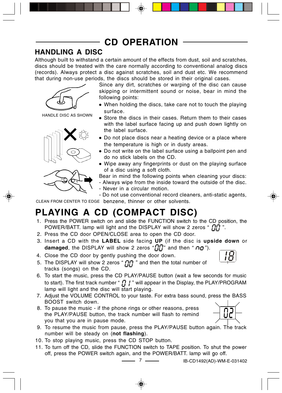 Cd operation, Playing a cd (compact disc), Handling a disc | Lenoxx Electronics CD-1492 User Manual | Page 8 / 20