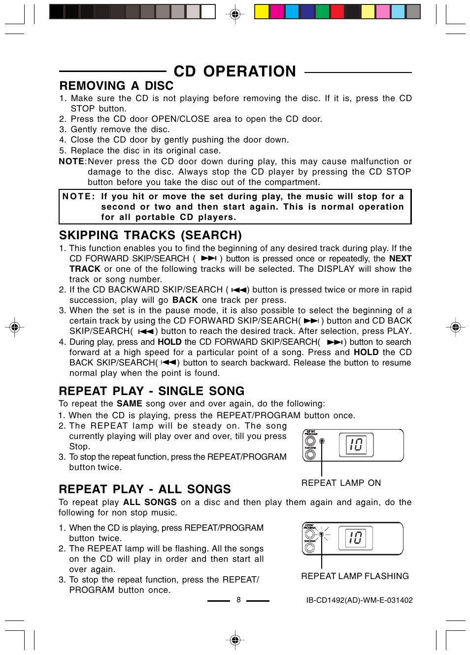 Cd operation, Removing a disc, Skipping tracks (search) | Repeat play - single song, Repeat play - all songs | Lenoxx Electronics CD-1492 User Manual | Page 9 / 20