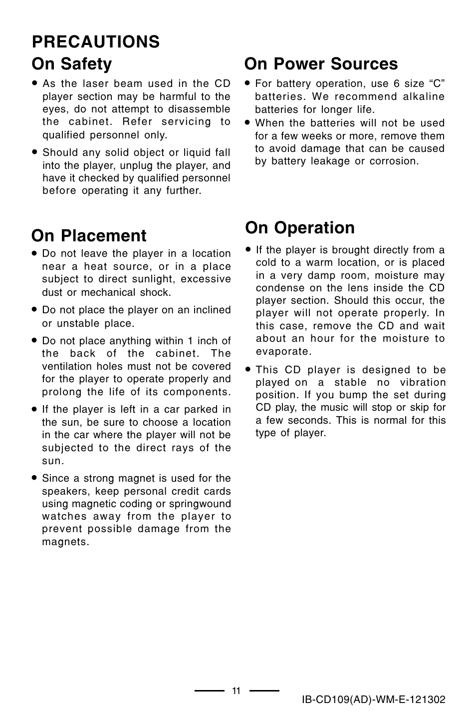 Precautions on safety, On power sources, On operation | On placement | Lenoxx Electronics CD109 User Manual | Page 12 / 15
