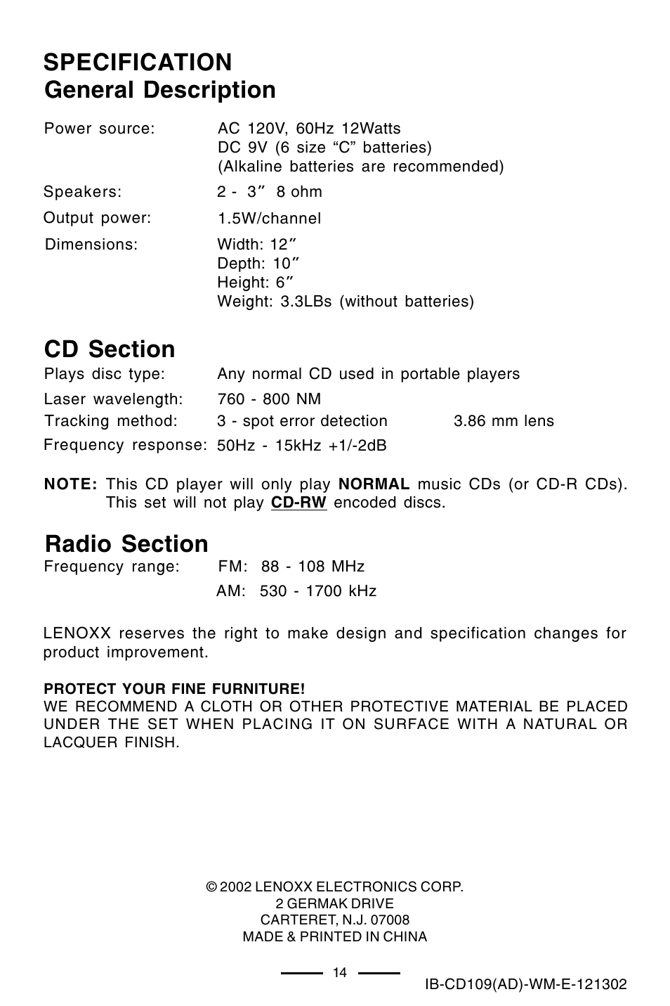 Specification general description | Lenoxx Electronics CD109 User Manual | Page 15 / 15