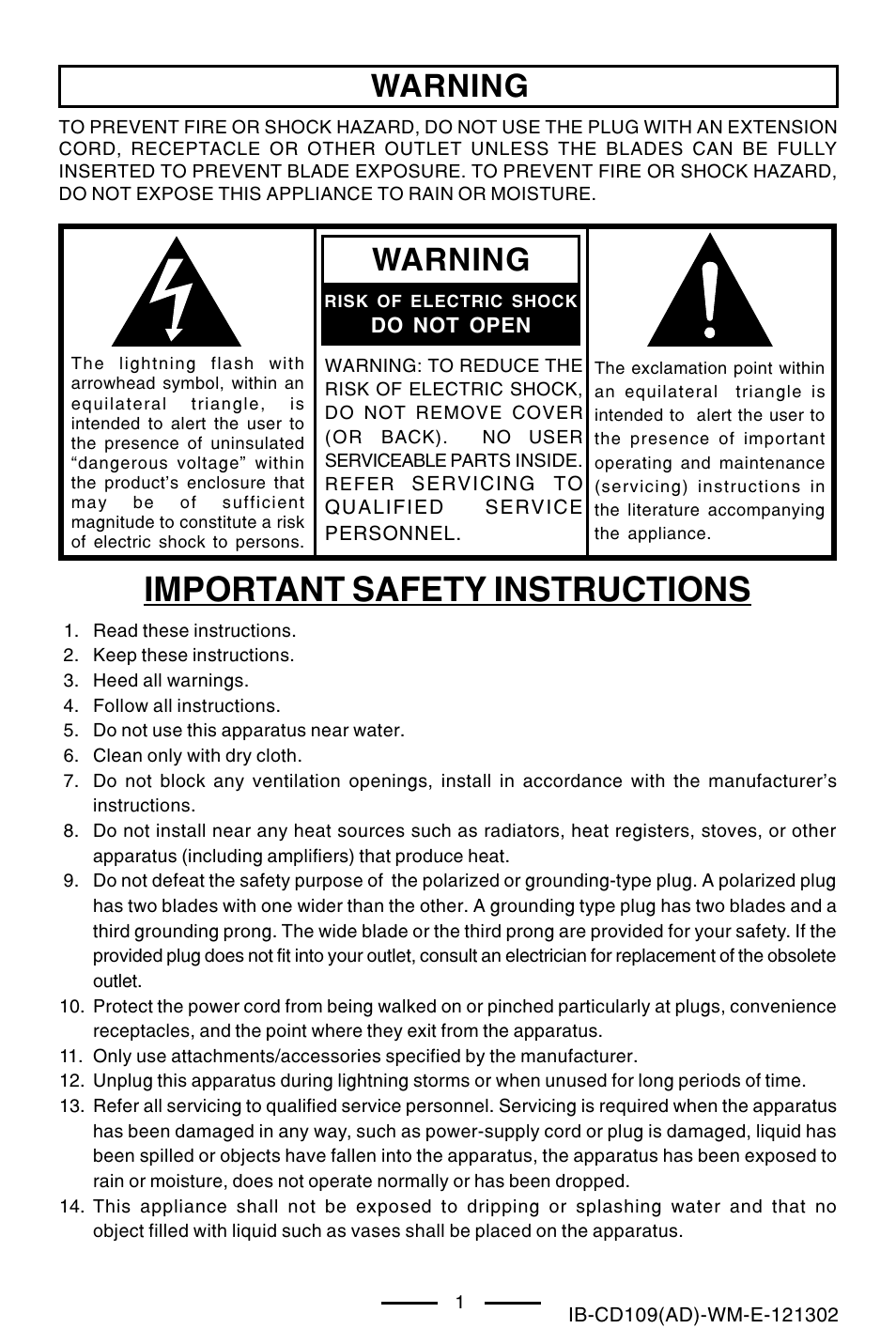 Important safety instructions, Warning | Lenoxx Electronics CD109 User Manual | Page 2 / 15