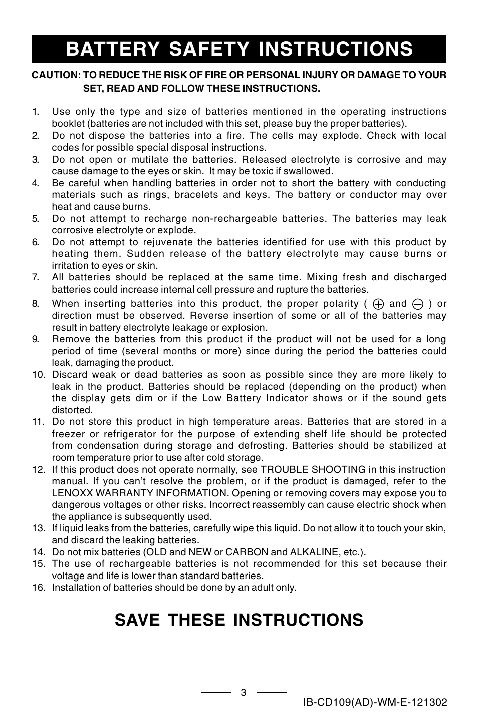 Battery safety instructions, Save these instructions | Lenoxx Electronics CD109 User Manual | Page 4 / 15