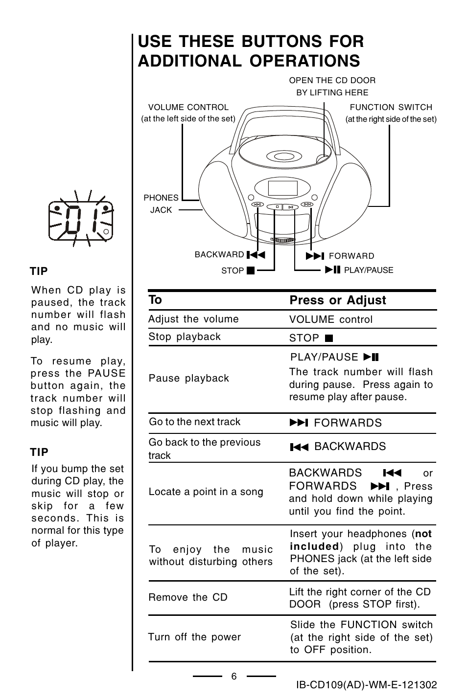 Use these buttons for additional operations | Lenoxx Electronics CD109 User Manual | Page 7 / 15
