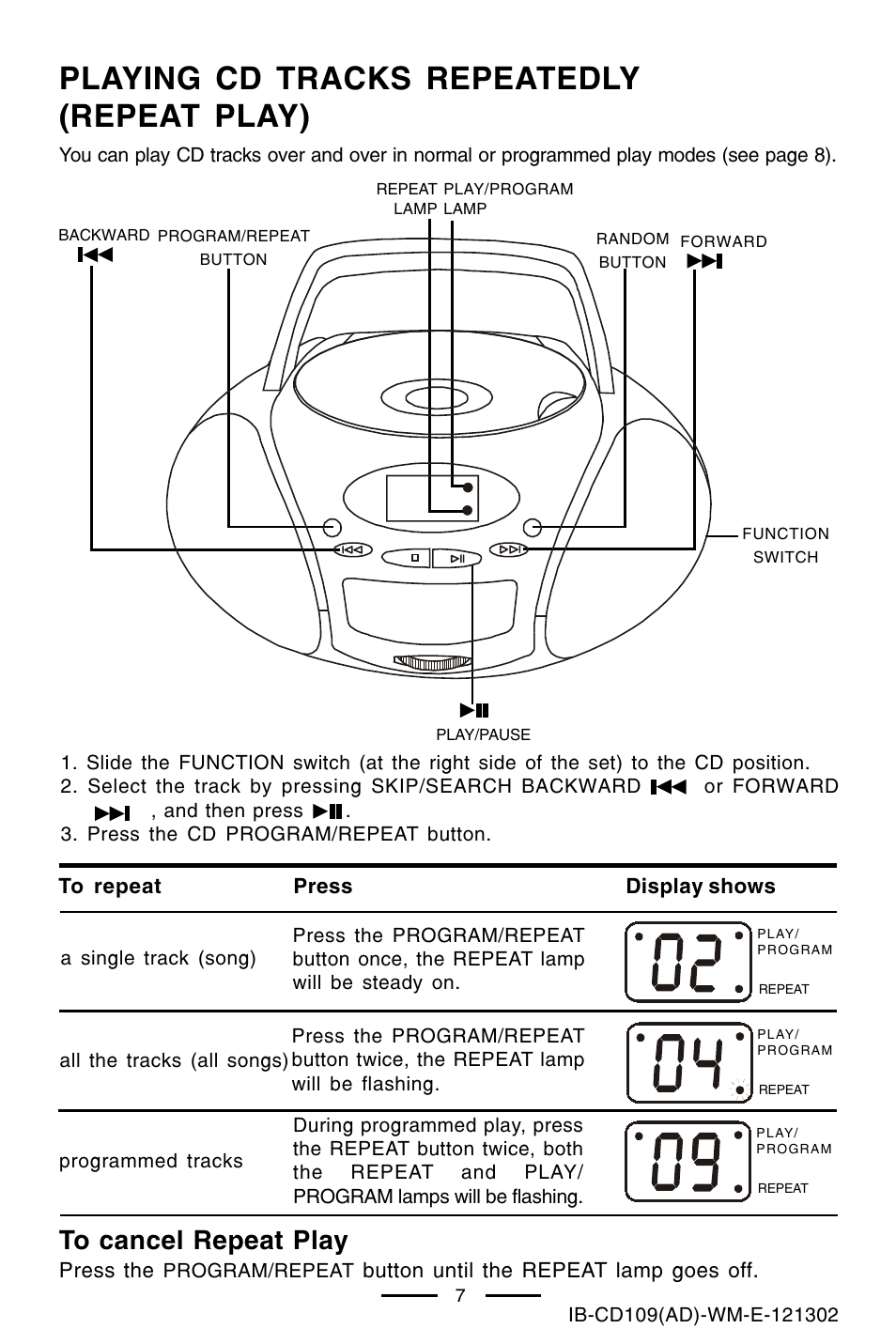 Playing cd tracks repeatedly (repeat play) | Lenoxx Electronics CD109 User Manual | Page 8 / 15