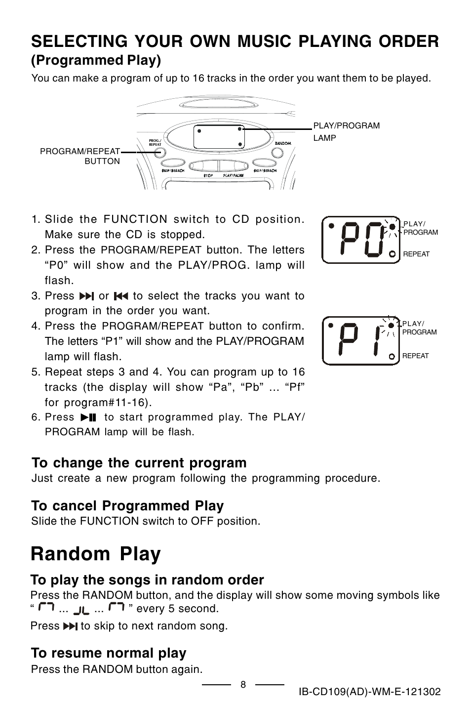 Random play, Selecting your own music playing order, Programmed play) | Lenoxx Electronics CD109 User Manual | Page 9 / 15