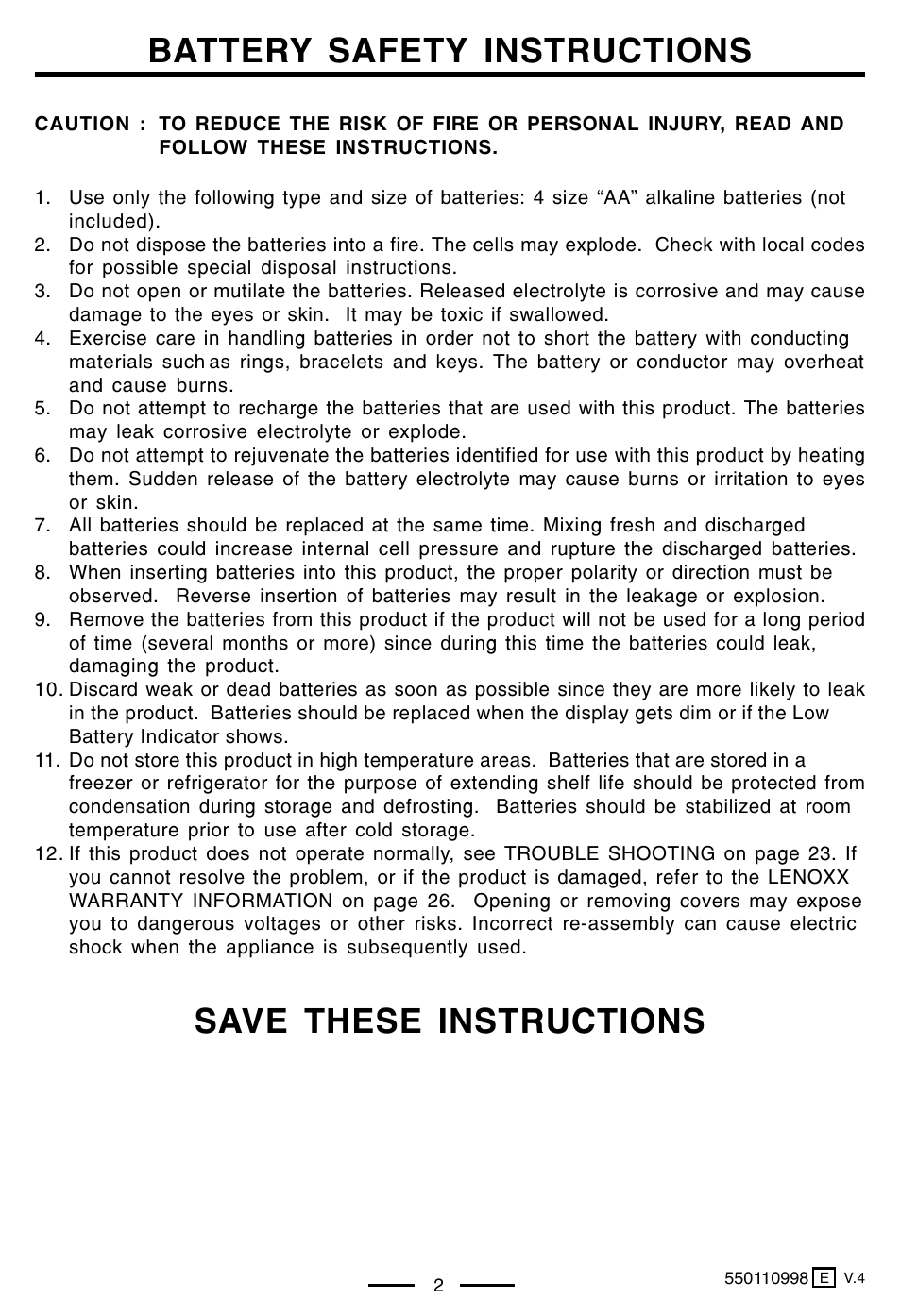 Battery safety instructions, Save these instructions | Lenoxx Electronics PH-550 User Manual | Page 4 / 7