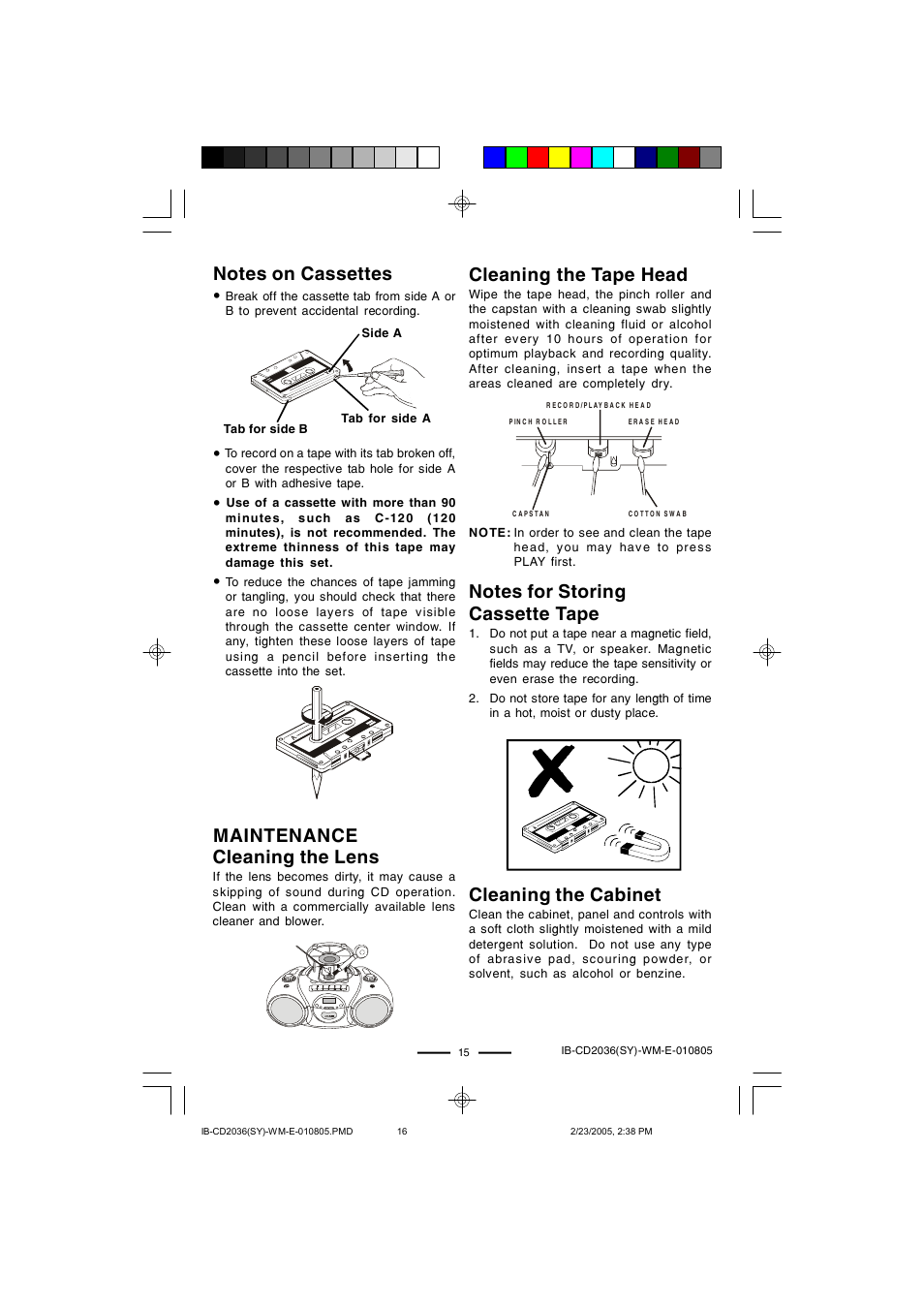 Maintenance cleaning the lens, Cleaning the tape head, Cleaning the cabinet | Lenoxx Electronics CD-2036 User Manual | Page 16 / 18