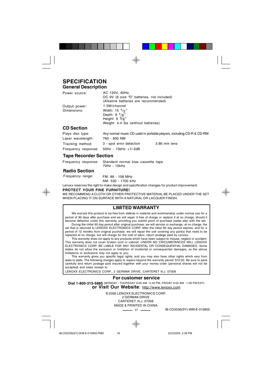 Specification, General description, Limited warranty | For customer service, Or visit our website | Lenoxx Electronics CD-2036 User Manual | Page 18 / 18