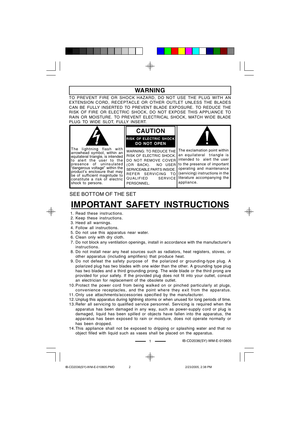 Important safety instructions, Warning, Caution | See bottom of the set | Lenoxx Electronics CD-2036 User Manual | Page 2 / 18