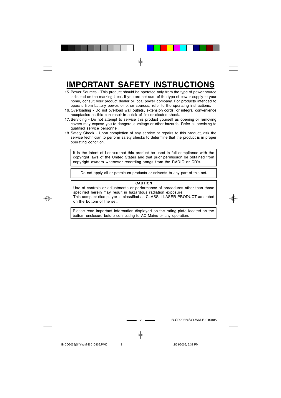 Important safety instructions | Lenoxx Electronics CD-2036 User Manual | Page 3 / 18