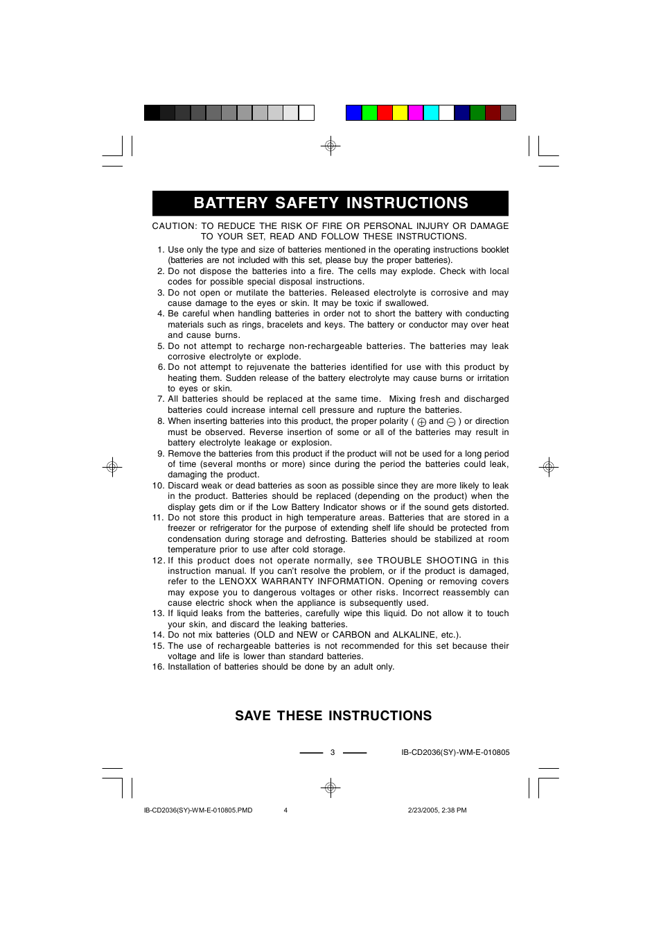 Battery safety instructions, Save these instructions | Lenoxx Electronics CD-2036 User Manual | Page 4 / 18