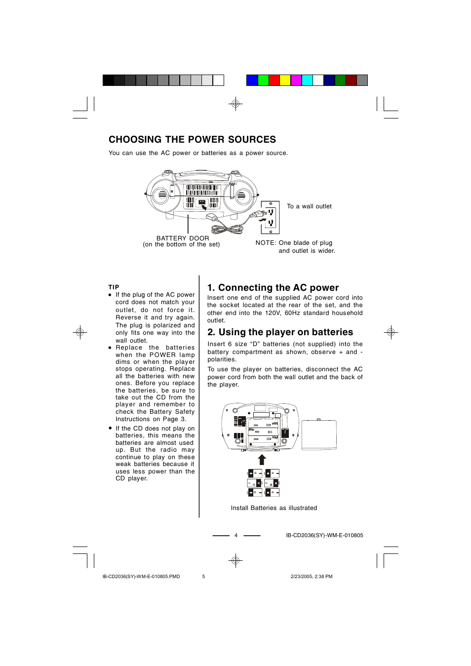 Connecting the ac power, Using the player on batteries, Choosing the power sources | Lenoxx Electronics CD-2036 User Manual | Page 5 / 18