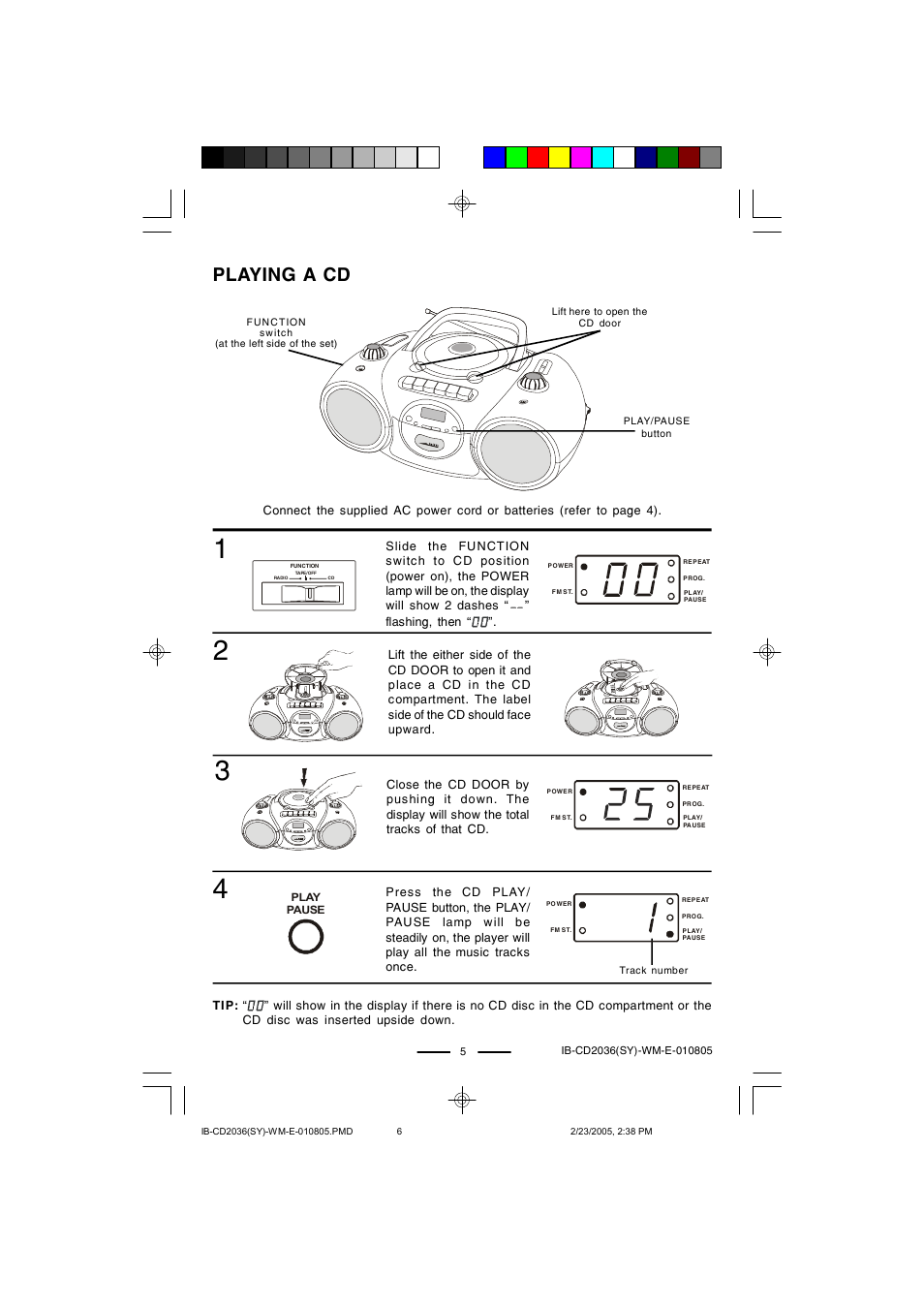 Playing a cd | Lenoxx Electronics CD-2036 User Manual | Page 6 / 18