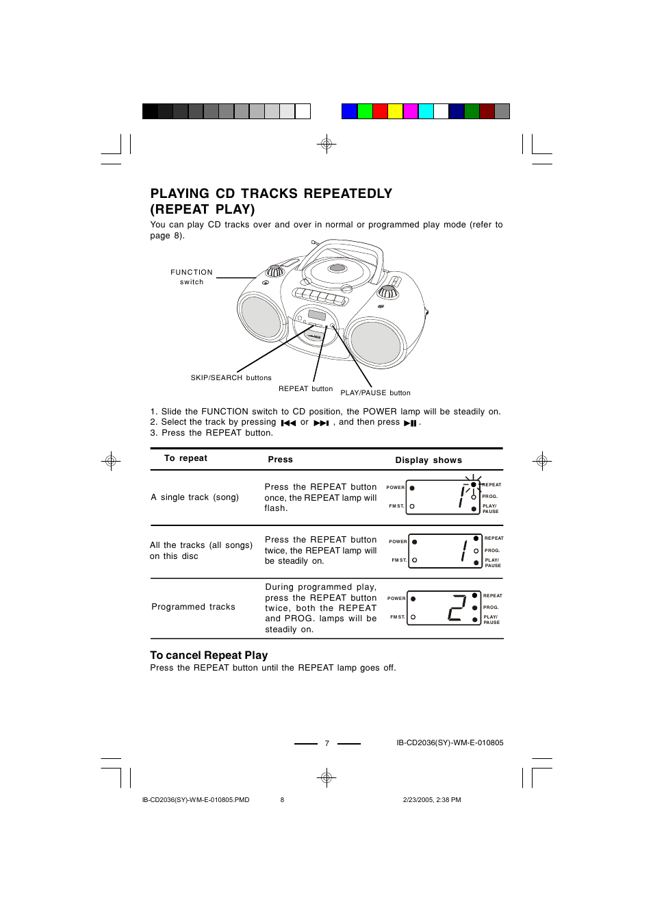 Playing cd tracks repeatedly (repeat play) | Lenoxx Electronics CD-2036 User Manual | Page 8 / 18