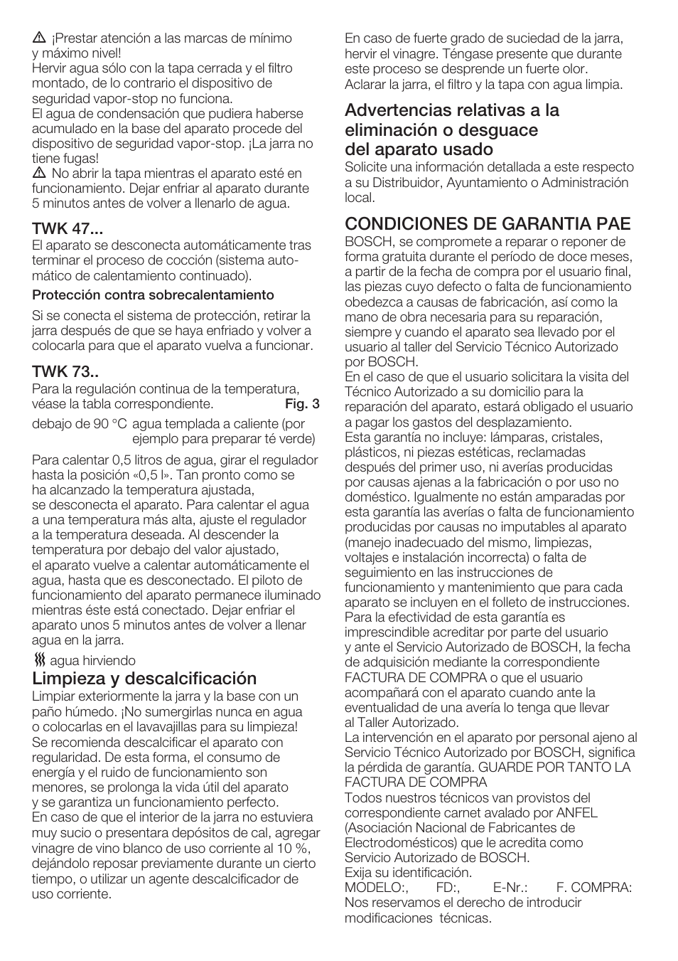 Limpieza y descalcificación, Condiciones de garantia pae | Bosch TWK 7301 User Manual | Page 13 / 30