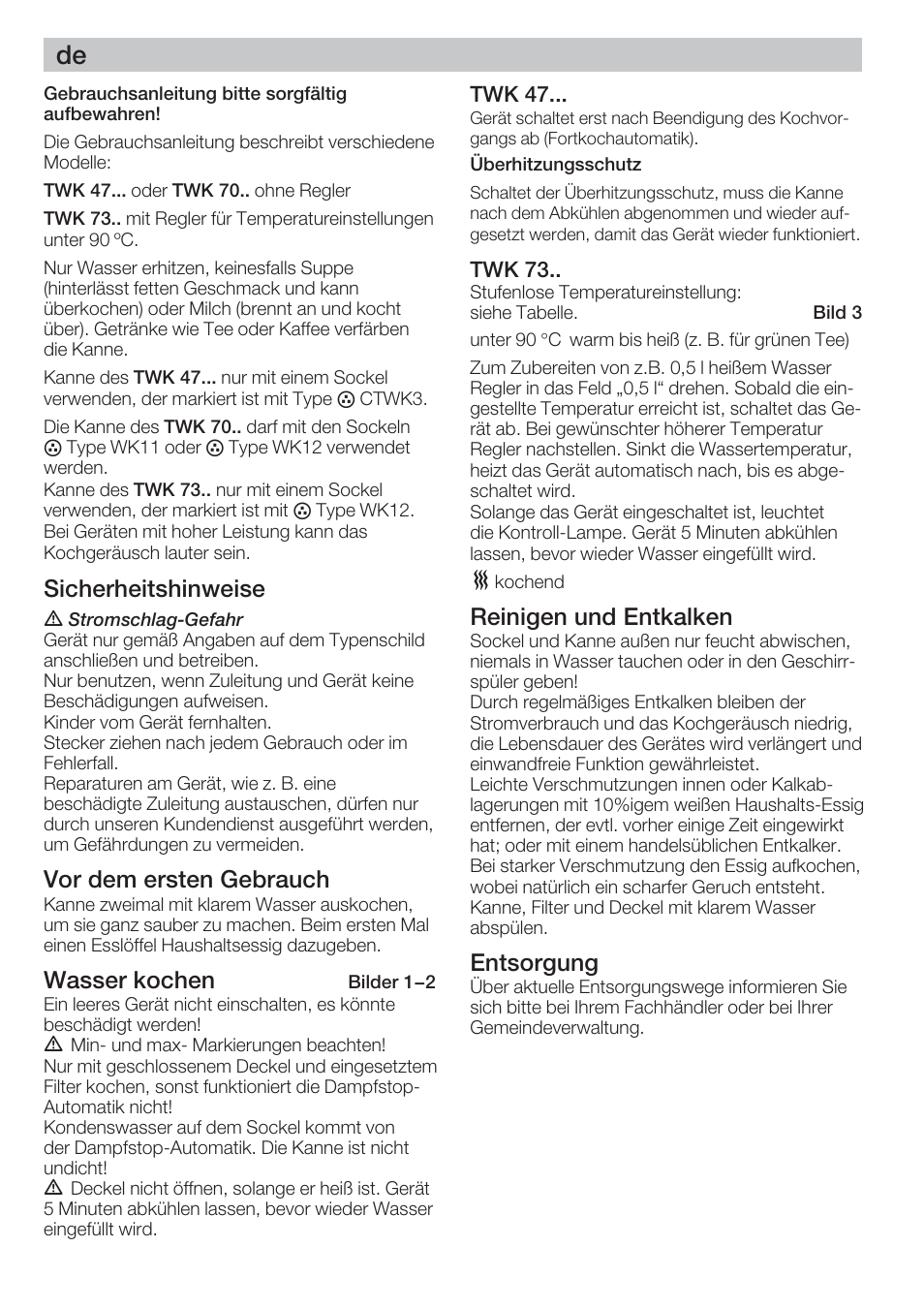 Sicherheitshinweise, Vor dem ersten gebrauch, Wasser kochen | Reinigen und entkalken, Entsorgung | Bosch TWK 7301 User Manual | Page 3 / 30