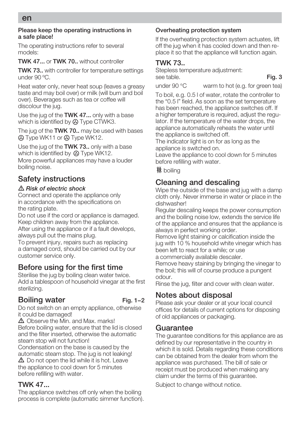 Safety instructions, Before using for the first time, Boiling water | Cleaning and descaling, Guarantee | Bosch TWK 7301 User Manual | Page 4 / 30