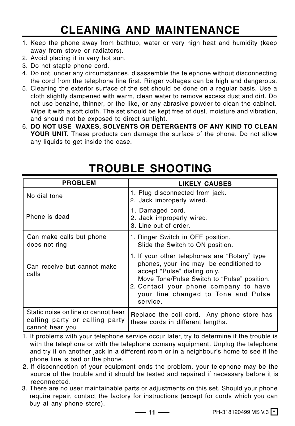 Cleaning and maintenance, Trouble shooting | Lenoxx Electronics PH-318 User Manual | Page 12 / 13