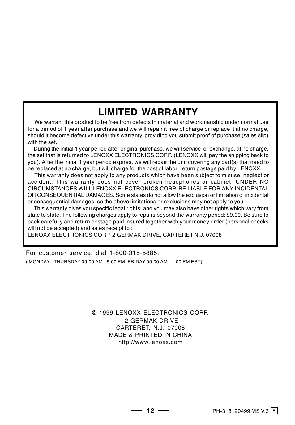 Limited warranty | Lenoxx Electronics PH-318 User Manual | Page 13 / 13