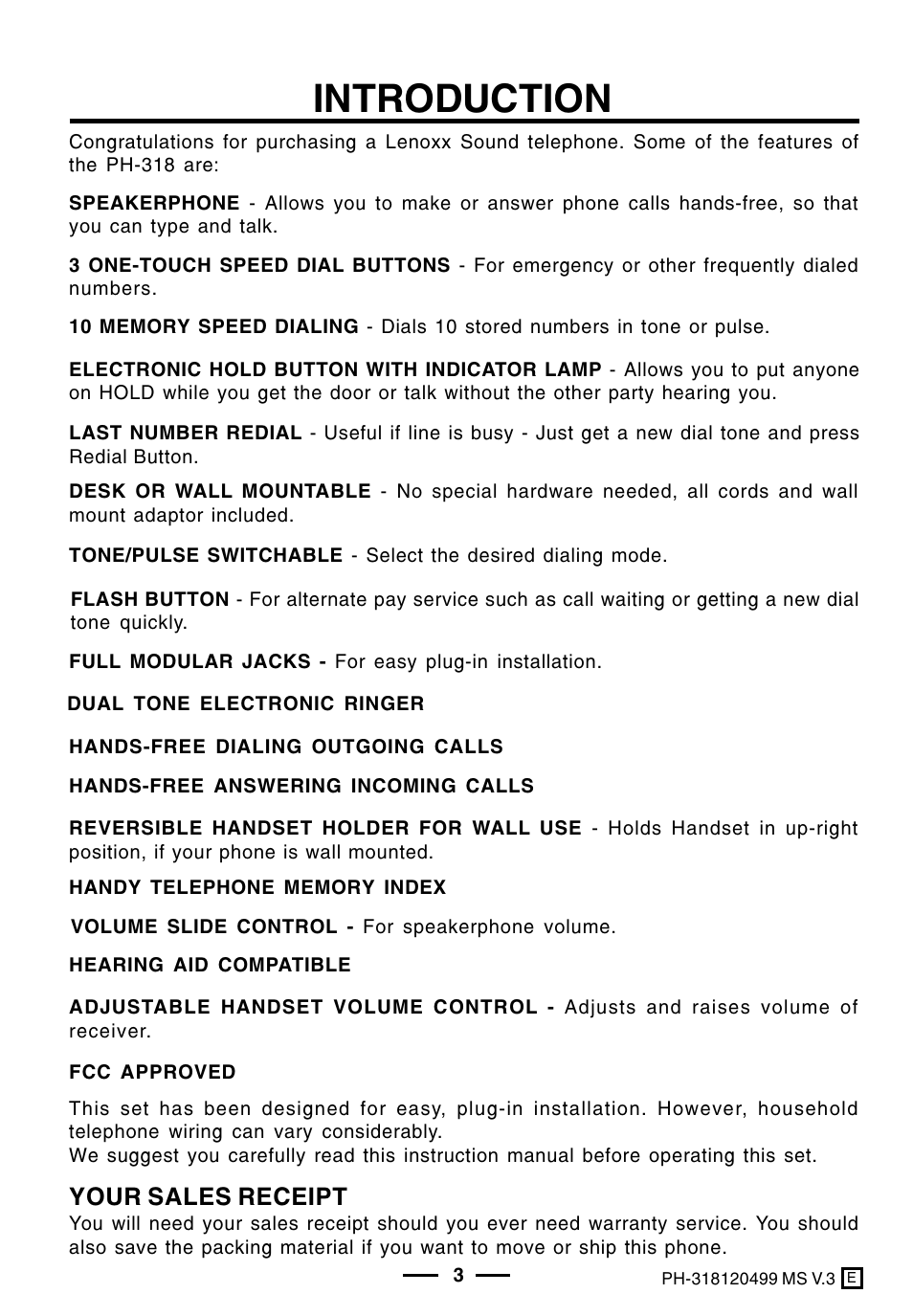 Introduction, Your sales receipt | Lenoxx Electronics PH-318 User Manual | Page 4 / 13