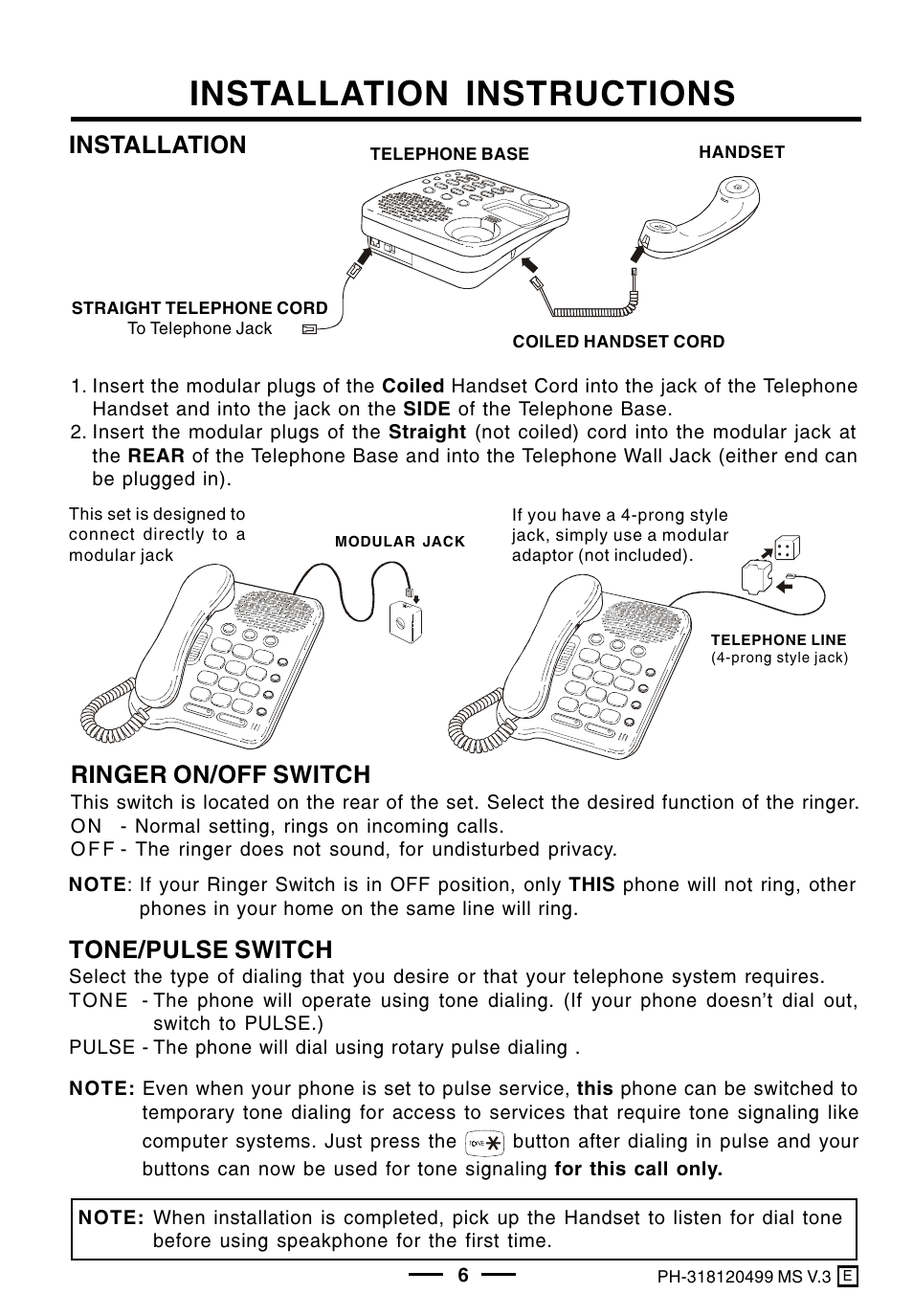 Installation instructions, Installation, Ringer on/off switch | Tone/pulse switch | Lenoxx Electronics PH-318 User Manual | Page 7 / 13