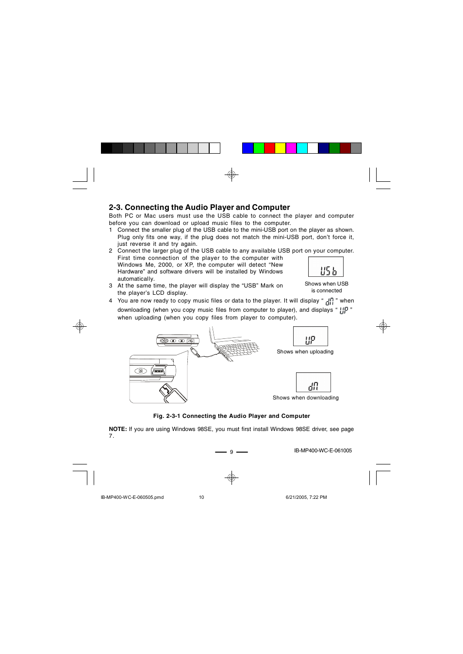 3. connecting the audio player and computer | Lenoxx Electronics MP-400 User Manual | Page 10 / 30