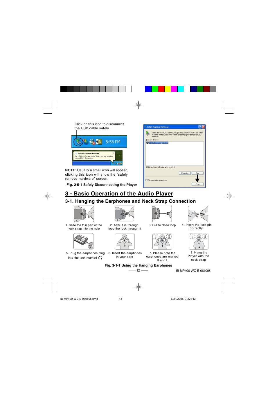 3 - basic operation of the audio player, 1. hanging the earphones and neck strap connection | Lenoxx Electronics MP-400 User Manual | Page 13 / 30