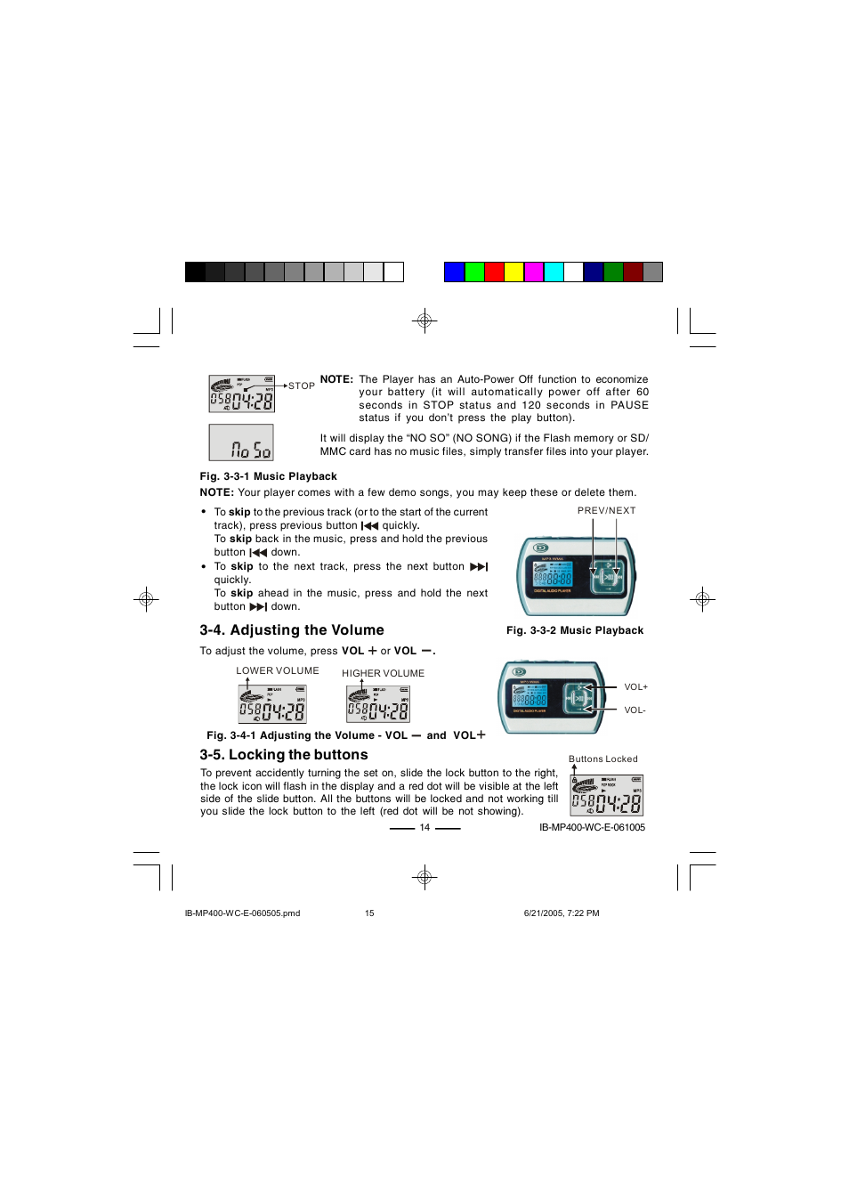 4. adjusting the volume, 5. locking the buttons | Lenoxx Electronics MP-400 User Manual | Page 15 / 30