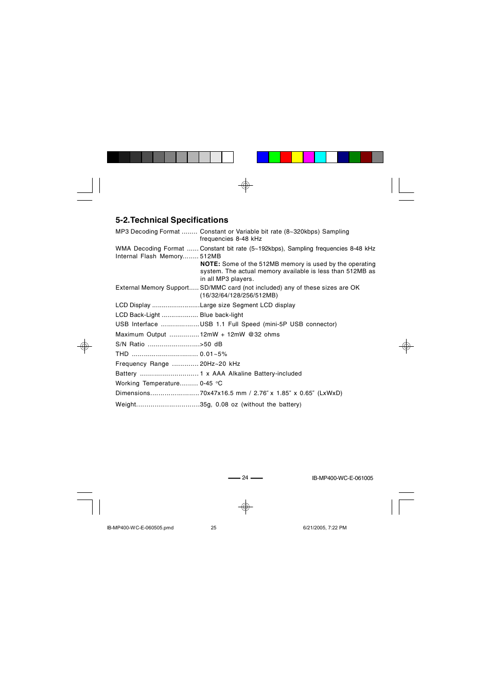 2.technical specifications | Lenoxx Electronics MP-400 User Manual | Page 25 / 30