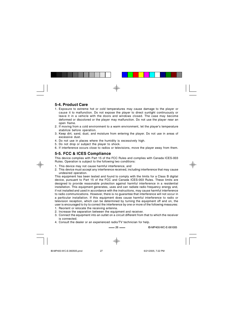 5. fcc & ices compliance, 4. product care | Lenoxx Electronics MP-400 User Manual | Page 27 / 30