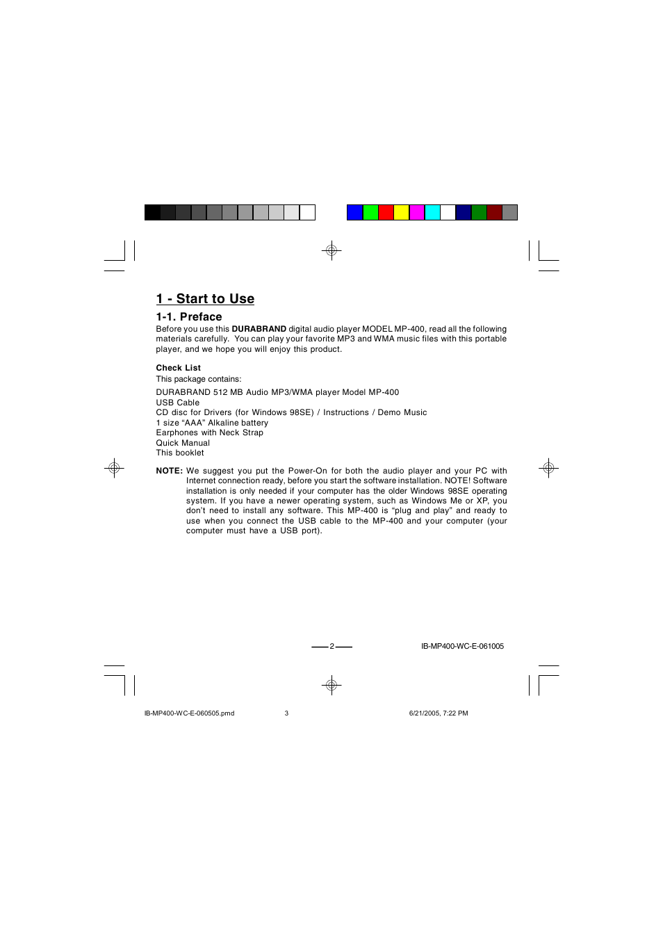 1 - start to use, 1. preface | Lenoxx Electronics MP-400 User Manual | Page 3 / 30