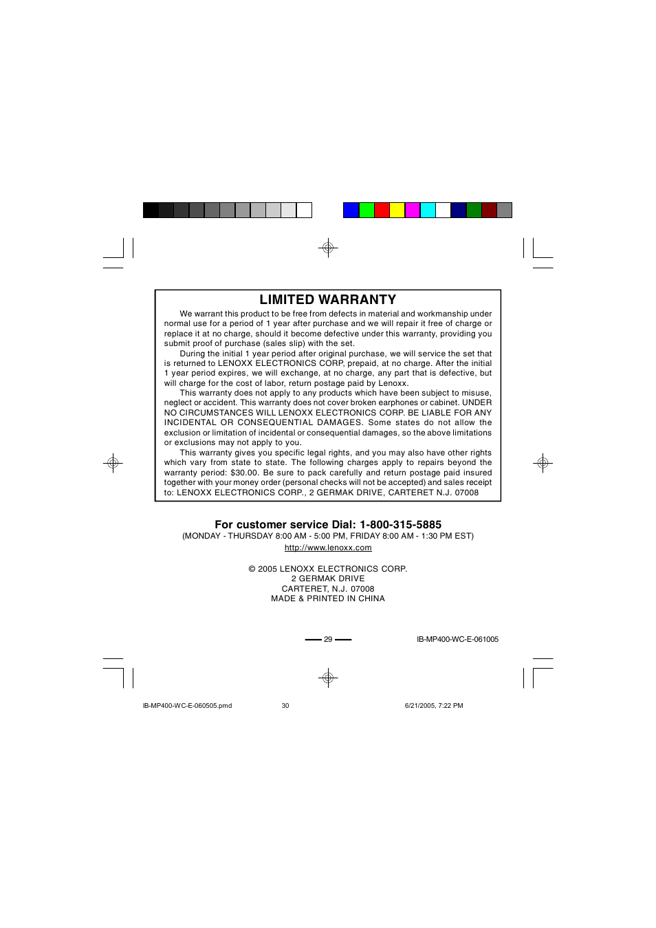 Limited warranty | Lenoxx Electronics MP-400 User Manual | Page 30 / 30
