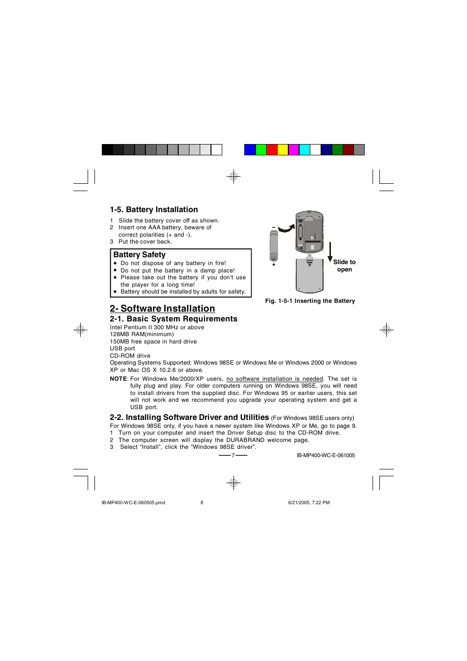 Software installation, 5. battery installation, Battery safety | 1. basic system requirements, 2. installing software driver and utilities | Lenoxx Electronics MP-400 User Manual | Page 8 / 30