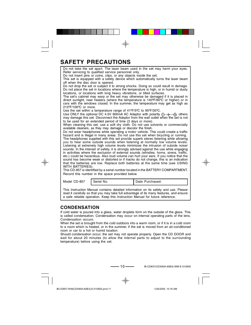 Safety precautions, Condensation | Lenoxx Electronics CD-857 User Manual | Page 11 / 14