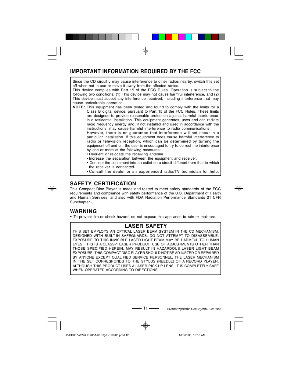 Important information required by the fcc, Safety certification, Warning | Laser safety | Lenoxx Electronics CD-857 User Manual | Page 12 / 14