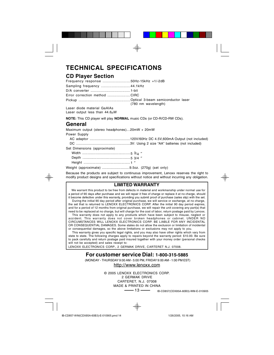 Technical specifications, General, For customer service dial | Lenoxx Electronics CD-857 User Manual | Page 14 / 14