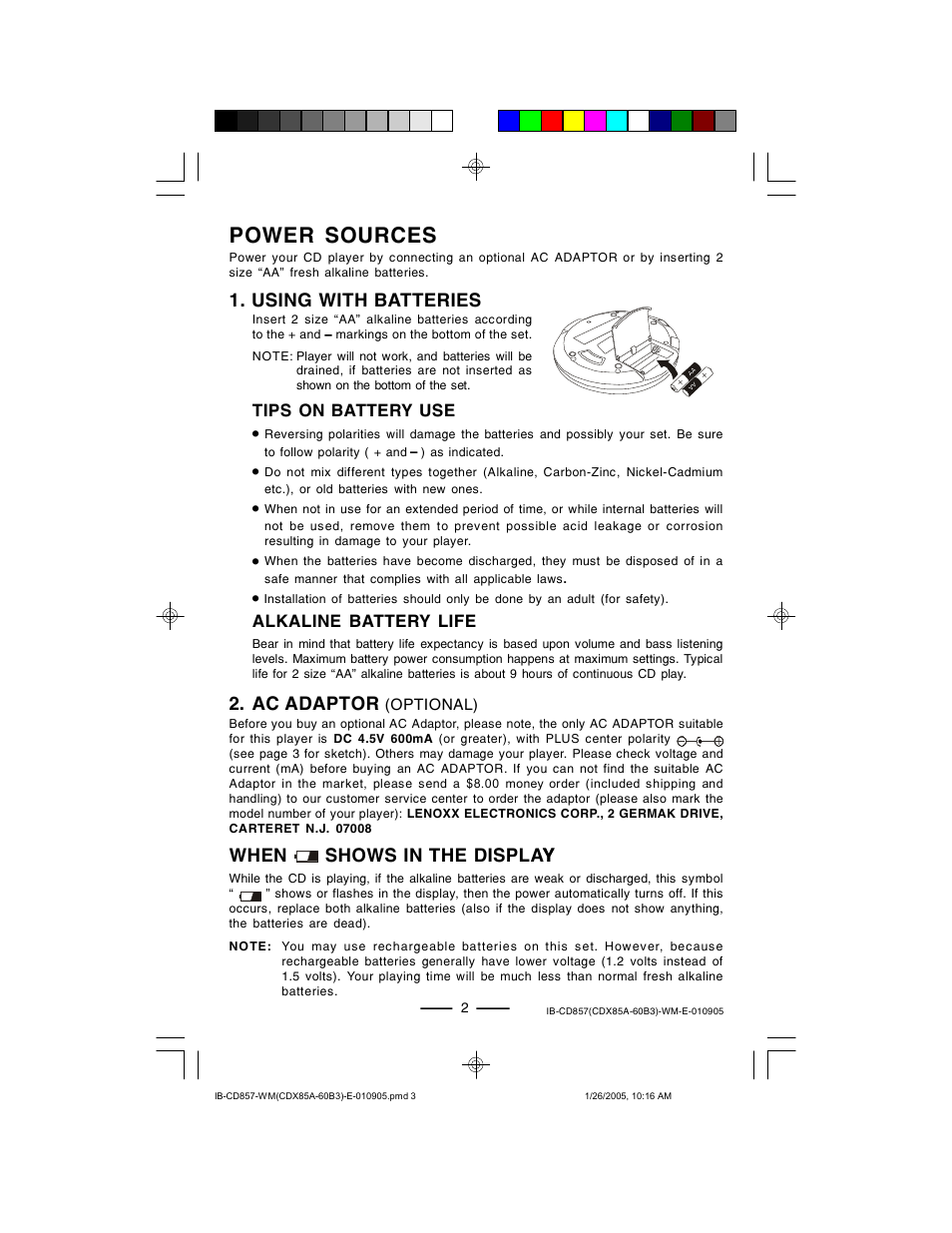 Power sources, Using with batteries, Ac adaptor | When shows in the display y | Lenoxx Electronics CD-857 User Manual | Page 3 / 14